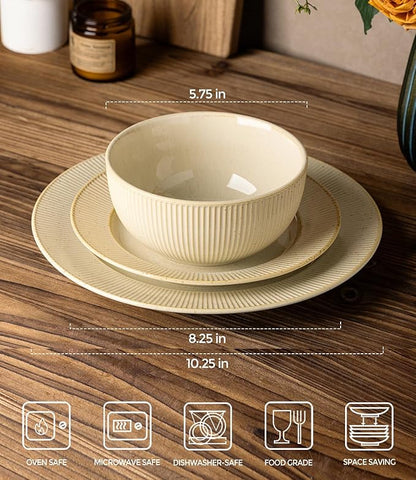 TheTerra Stoneware Dinnerware Sets for 6, 18 Pieces Ceramic Plates and Bowls Sets, Scratch Resistant Embossed Dish Set, Oven, Microwave & Dishwasher Safe, Cappuccino