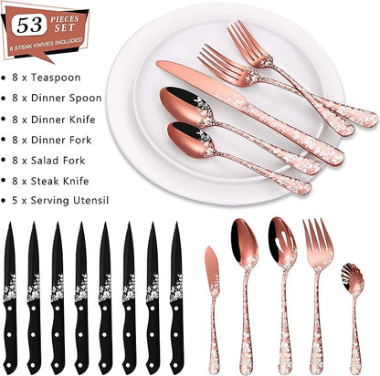 Stapava 53-Piece Copper Silverware Set with Serving Utensils for 8, Stainless Steel Rose Gold Flatware Cutlery Set, Mirror Eating Utensils Tableware with Butterfly Flower Laser, Dishwasher Safe