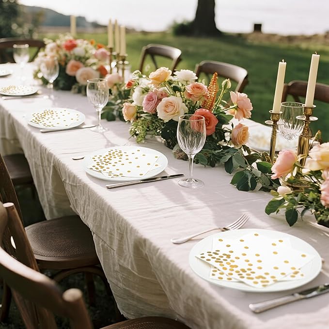 80 Pack of White Paper Cocktail Napkins with Gold Foil Polka Dot Confetti，Polka Dot Party Supplies(5 x 5 in，3-ply) (gold)