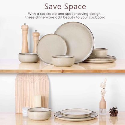 Herogo Stoneware Plates and Bowls Sets for 2, 6 Pieces Modern Round Dinnerware, Reactive Glaze Dishes Set for Kitchen, Chip Resistant, Microwave & Dishwasher Safe, Cream Khaki