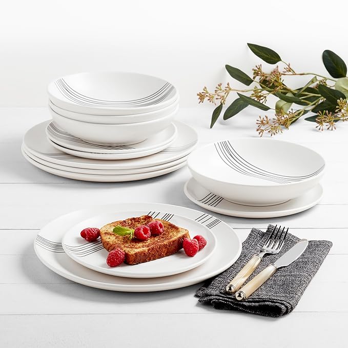 Tabletops Gallery 12-Piece Embossed White Black Striped Stoneware Dinnerware Set of Kitchen Dishes, Round Dinner Salad Plates Cereal Bowls, Service for 4, Skye