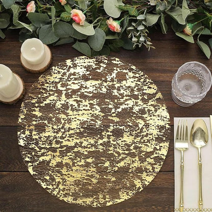 20 Pack 13" Metallic Gold Foil Placemats, Round Shiny and Durable, Disposable Mesh Table Mats for Dining and Parties