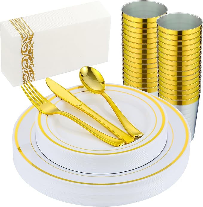 175 PCS Gold Dinnerware Set for 25 Guests, Gold Rimmed White Heavy Duty Plastic Disposable Plates for Party Wedding with 25 Dinner Plates,Dessert Plates, Silverware Set, Cups, Napkins