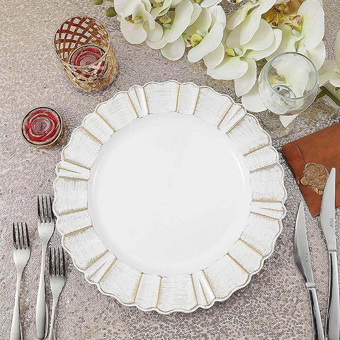 Efavormart 13" Charger Plates - Set of 12 - White Round Acrylic Disposable Charger Plates with Gold-Brushed Wavy Scalloped Rim, Ideal for Wedding Dinner Party Bulk Events Tabletop Decor