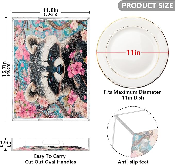 Serving Tray with Handles Clear Acrylic Tray 12x16 Inch Decorative Rectangular Tray Organizer for Ottoman Coffee Table Bathroom Raccoon Sakura Patterned Pink