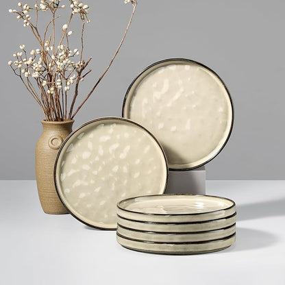 HaWare Stoneware Plates Set of 6, 7.9” Salad Plates, Reactive Glaze Ripple Ceramic Dish Set for Appetizer, Dessert, Scratch Resistant, Small Dinner Plate, Microwave and Dishwasher Safe, Saturn Khaki