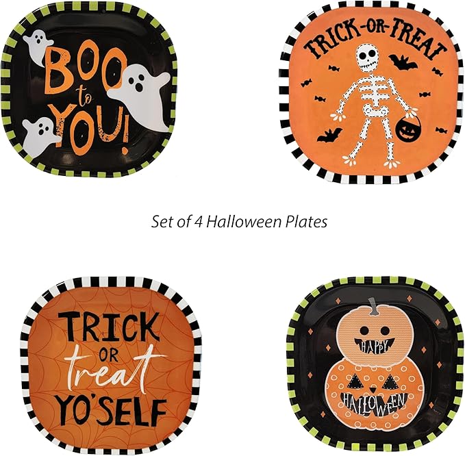 Kane Halloween 8-inch Melamine Appetizer Plates Set of 4 Skeleton Pumpkin Ghost Dessert Dinnerware