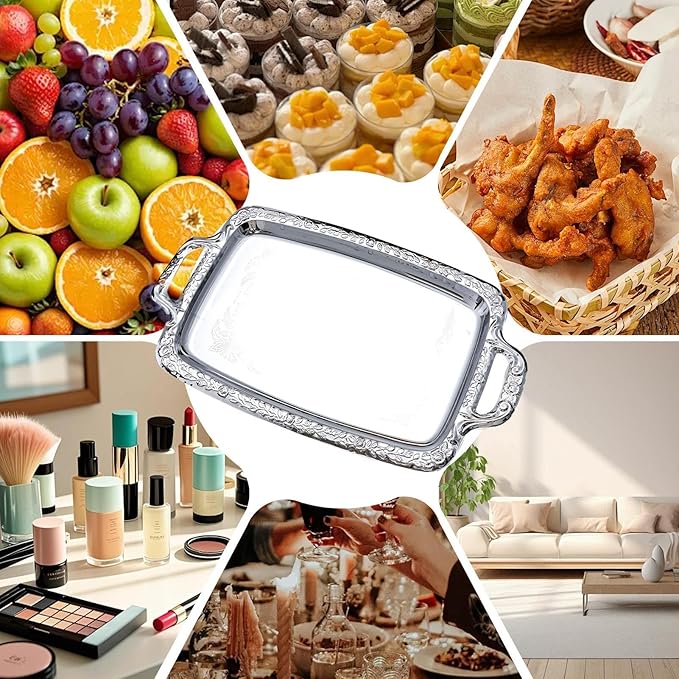 2PCS Silver Serving Tray with Handles, 15 x 9 Inch Stainless Steel Rectangle Platter, Silver Tray for Food Serving, for Party Food Breakfast Tea Farmhouse Home Decor