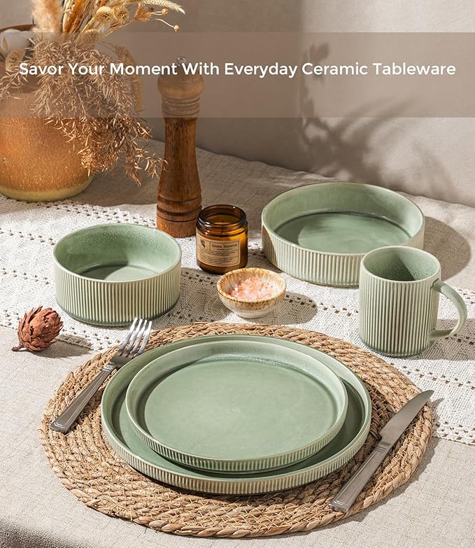 GBHOME 18-Piece Stoneware Dinnerware Set for 6 – Ribbed Ceramic Plates and Bowls, Scratch-Resistant, Microwave & Dishwasher Safe, Reactive Glaze, Light Green
