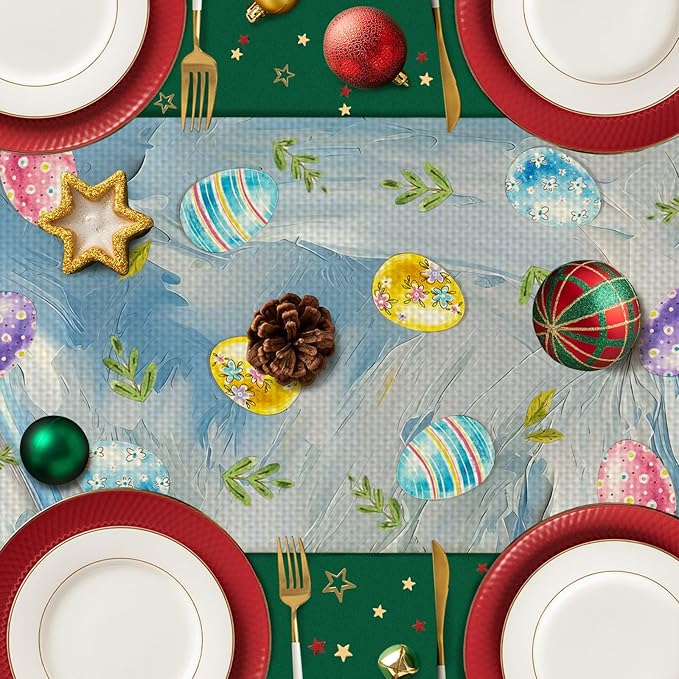 Easter Eggs Bunny Table Runner Seasonal Spring Kitchen Dining Linen Table Decoration for Indoor Outdoor Home Party Decor 13 x 72 Inch