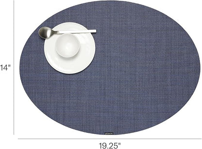 Chilewich Mini Basketweave Placemats in Indigo - Set of 4 - Easy Care Woven Tabletop Textiles - Indoor/Outdoor - 19.25" x 14" Oval