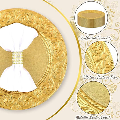 Uiifan 50 Pcs Antique Charger Plates Bulk 13 Inch Embossed Rim Plastic Decorative Round Plates for Dinner Wedding Party Event Table Setting Decoration (Gold,50 Pcs)