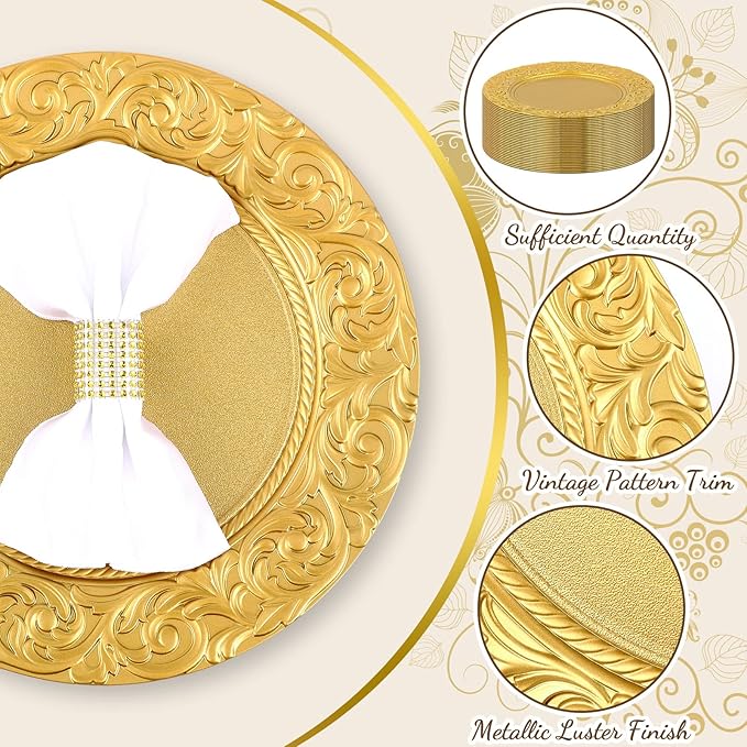 Uiifan 100 Pcs Antique Charger Plates Bulk 13'' Plastic Embossed Dinner Plate Chargers Round Floral Plates for Wedding Decorative Chargers for Table Dinner Kitchen Party Decoration (Gold)