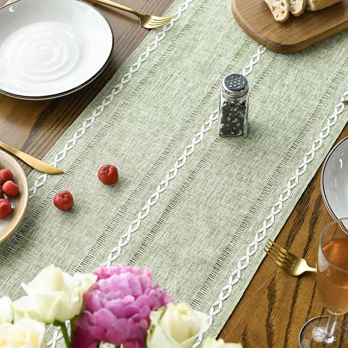 Artoid Mode Sage Green Rustic Cotton Linen Table Runner, Seasonal Embroidered Hollow Kitchen Dining Table Decoration for Home Party Decor 13x108 Inch