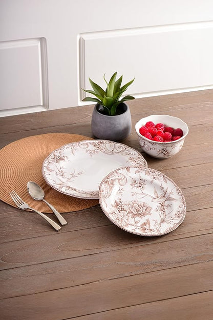 222 Fifth Adelaide Brown on White 12-Piece Dinnerware Set – Service for 4, Plate & Bowl Set,Durable Porcelain, Dishwasher Safe, for Everyday Dining & Entertainment