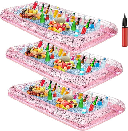 3 Pcs Inflatable Serving Bar Salad Ice Tray Food Drink Candy Buffet Containers Picnic Pool Inflatable Cooler with a Drain Plug and a Hand Pump, 53 x 23.6 x 4.7 Inch(Pink)