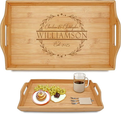 Personalized Bamboo Wood Serving Tray with Handles, Engraved Wooden Trays, Wedding Gifts, Housewarming Gifts (Williamson)