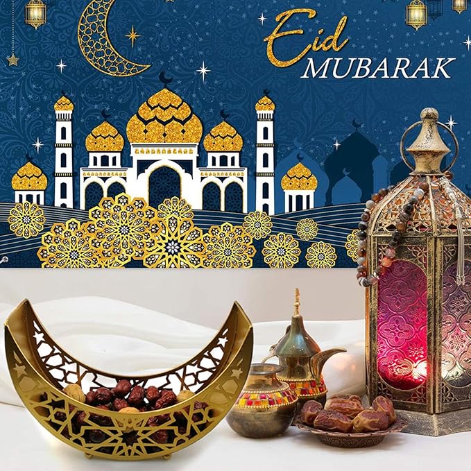 Eid Mubarak Moon Star Tray, Ramadan Decoration Ramadan Trays, Muslim Wooden Plate Tray Moon Star Shaped Food Fruit Serving Tray, Eid Mubarak Dessert Tray for Ramadan Festival Party(Silver A3)