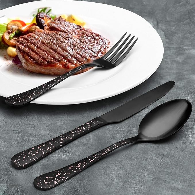 O.C.E. Matte Black Silverware Set, Stainless Steel Flatware Set, 20-Piece Tableware Cutlery Set Service for 4, Satin Finish Tableware Utensils Set, Dishwasher Safe (Starry Pink)