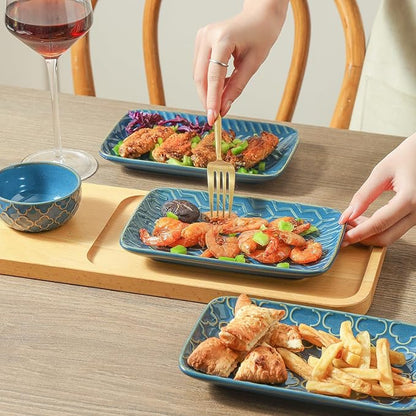 Sureasy Ceramic Salad Plates, Rectangular Appetizer Plates 8 inch, Small Serving Plates for Entertaining, Small Dinner Plates Set for Dessert, Sushi, Embossed Porcelain Dish, Set of 4, Blue