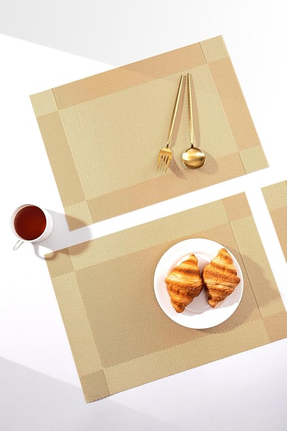 LEXMORE PlaceMats Set of 12 Vinyl/Plastic Woven Place Mats for Kitchen Table Indoor/Outdoor Washable PlaceMat Wipeable Dining Table Mats(Gold Cube)