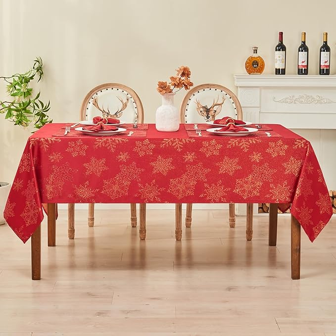 Rectangle Fancy Metallic Sparkling Snowflake Christmas Fabric Table Cloth red Hunter Gold Navy White Silver No-Iron Soil Resistant Woven Holiday Table Cover(Red Gold/60x120Inch)