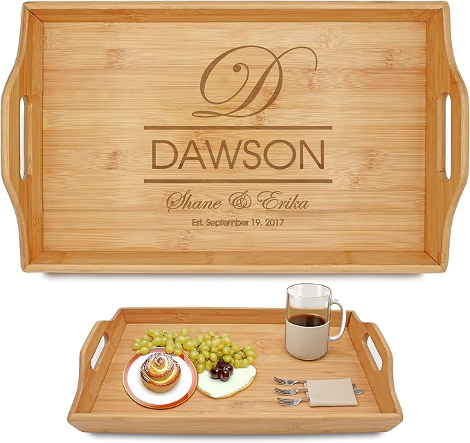Personalized Bamboo Wood Serving Tray with Handles, Engraved Wooden Trays, Wedding Gifts, Housewarming Gifts (Dawson)