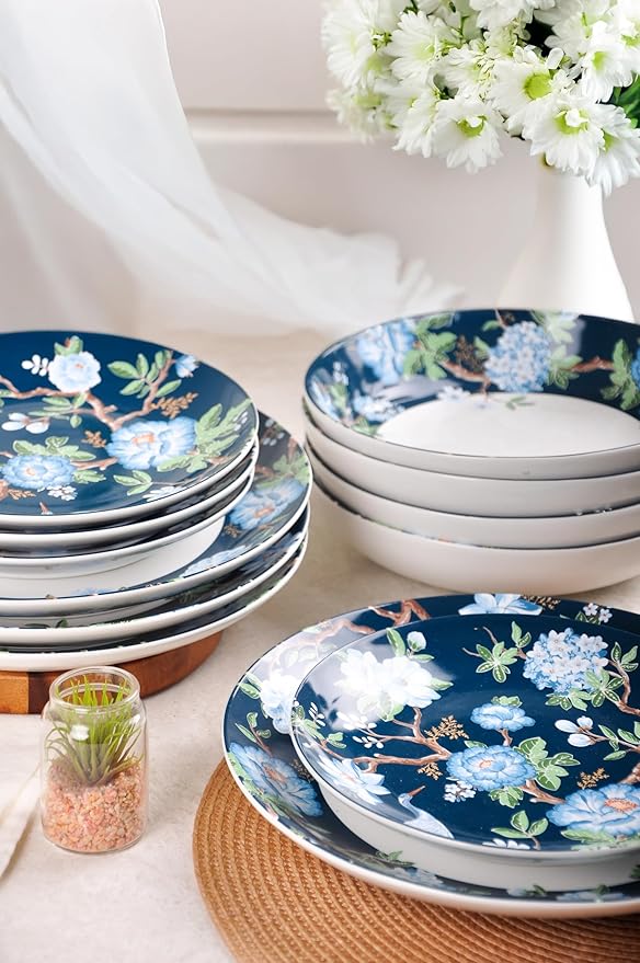 222 Fifth 12-Piece Porcelain Dinnerware Set for 4, Luxury White & Bohemian Blue Plates and Bowls Set, Glossy Ceramic Dish Set with Detailed Floral, Microwave & Dishwasher Safe Dishes, Nightingale