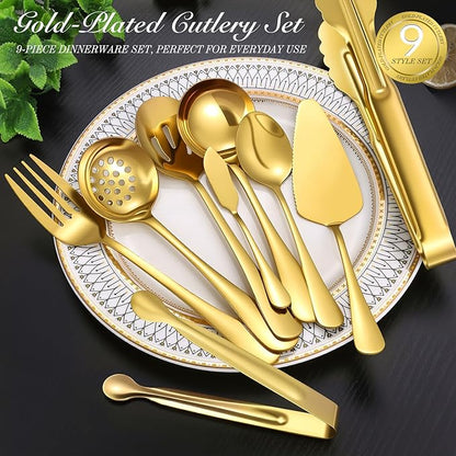 Mwellewm 17Pcs Serving Utensils, Gold Stainless Steel Large Serving Spoons, Slotted Spoon, Fork, Tongs, Cake Pie Server, Soup Spoon, Metal Buffet Banquet Cutlery Set for Parties Entertaining Catering