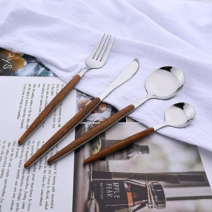 24-Piece Silverware Set for 6, Silver Mirror Polished Stainless Steel Flatware Set, Wooden Effect Handle Utensil Set for Home Hotel Restaurant, Family Cutlery Set Include Knife Fork Spoon