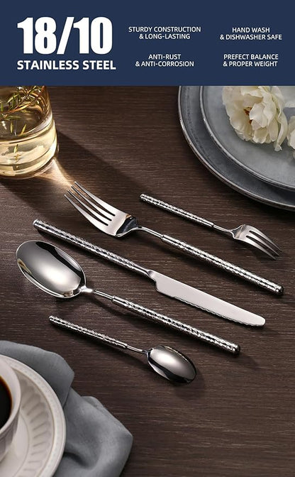 10-Piece Silverware Set, Stainless Steel Flatware Set for 2, Modern Hammered Utensil Tableware Set Include Dinner Knife/Fork/Spoon, Mirror Finish, Dishwasher Safe (10, silver)