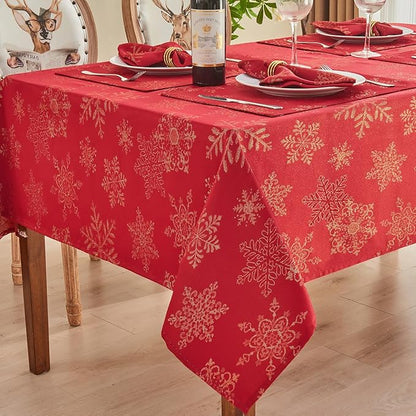 Rectangle Fancy Metallic Sparkling Snowflake Christmas Fabric Table Cloth red Hunter Gold Navy White Silver No-Iron Soil Resistant Woven Holiday Table Cover(Red Gold/60x120Inch)