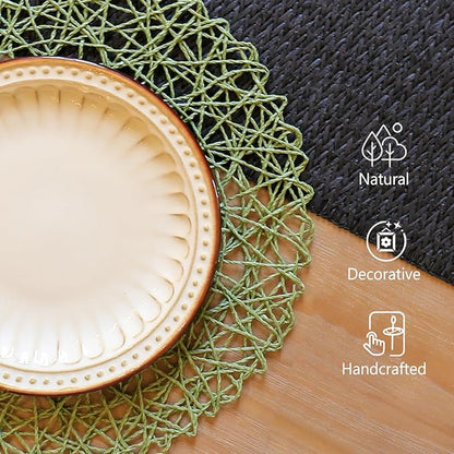 AHHFSMEI Paper Braided Round Placemats Set of 8 Natural Non-Slip Heat Resistant Table Mats for Dining Tables Woven Indoor & Outdoor Place mats(Green,8)