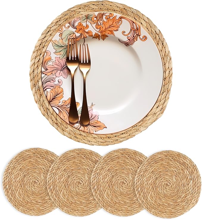 Round Woven Placemats 13.5 inch Set of 4 - Boho Rattan Placemat Natural Water Hyacinth Placemats, Farmhouse Weave Place Mats, Rustic Braided Wicker Table Mats for Dining Table,Home,Wedding