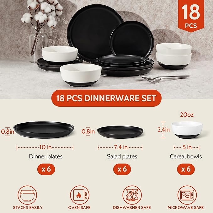 Sweese Dinnerware Sets Service for 6, 18 pcs Matte Glaze Plates and Bowls Sets, Handmade Porcelain Dish Set, Highly Chip and Crack Resistant Modern Dinner Set, Black White