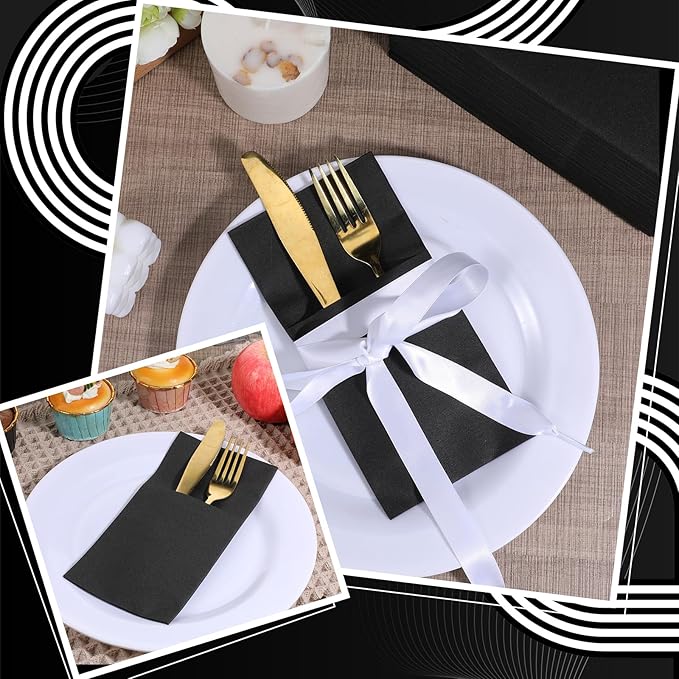100 Pcs Black Linen-Feel Paper Napkins, Black Napkins Disposable with Built-in Flatware Pocket, Prefolded for Knives and Forks, Blacks Dinner Napkin for Evening Parties, Weddings, Birthday