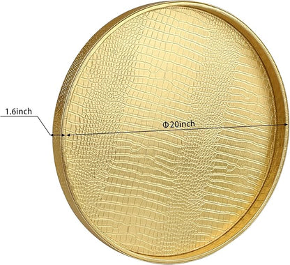 HofferRuffer Round Serving Tray 20'', Elegant Faux Leather Circle Ottoman Table Tray, Serve Tea Coffee Breakfast in Bedroom Living Room Kitchen (Gold, 20")