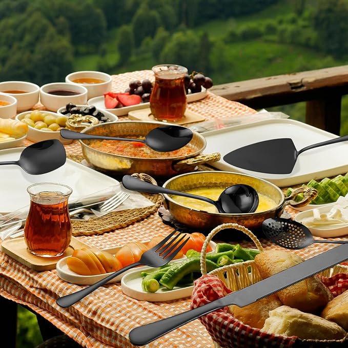 Black Utensils Catering Set 11-Piece Stainless Steel Spatula Turner Serving Spoon Fork Skimmer Ladle Cake Server Cutter, Buffet Banquet Kitchen Restaurant Hostess Set Easy to Clean