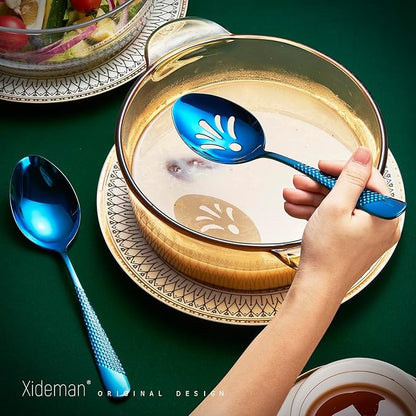 Xideman® 7-Piece Hammered 18/10 Stainless Steel Silverware Serving Utensil Set - Hostess Flatware with Cake Knife & Cake Server (Blue)