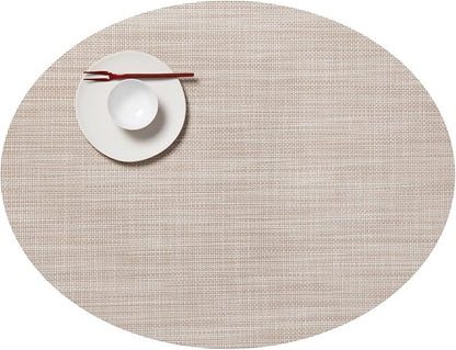 Chilewich Mini Basketweave Placemats in Parchment - Set of 4 - Easy Care Woven Tabletop Textiles - Indoor/Outdoor - 19.25" x 14" Oval