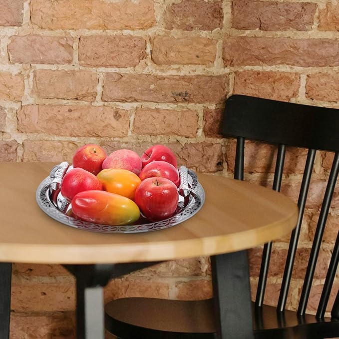 Round Floral Pattern Beverage Serving Tray Elegant European Style Decorative Plated Snack and Fruit Plate Stainless Steel Storage Holder for Residential and Hospitality Use Silver