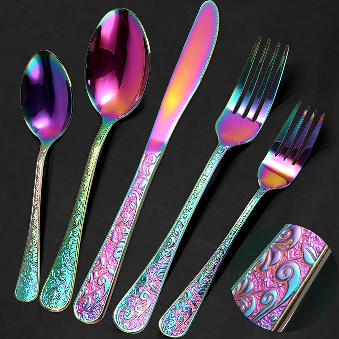 Meythway 40-Piece Vintage Carved Rainbow Silverware Set for 8, Stainless Steel Flatware Set with Knife/Fork/Spoon, Cutlery Set for Home and Kitchen, Utensil Set with Dishwasher Safe