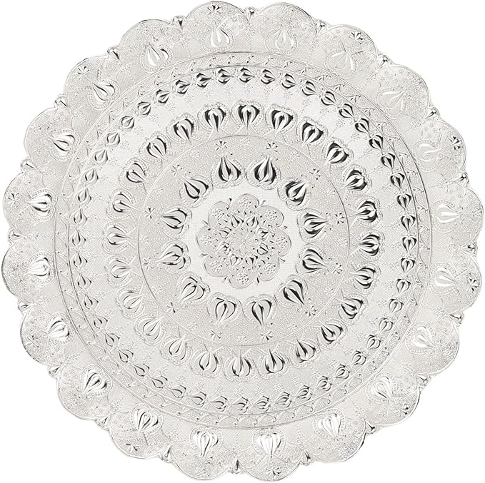 Turkish Tea Coffee Serving Tray, Vintage Style Round Coffee Plate, Embossed Pattern Metal Tray for Bar Outdoor Dresser Dessert, Multi Purpose Serving Tray for Coffee Tea Jewelry Co (Silver)