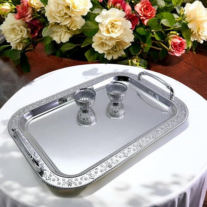 (Pack of 2) 16.5 inch x 11.8 inch Oblong Chrome Plated Serving Tray with Handles Stylish Design Floral Engraved Iron Gold Edge Decorative Party Wedding Buffet Wine Platter Plate FST-012