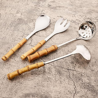 6-Piece Bamboo Silverware Set, Stainless Steel Flatware Hostess Serving Set Bamboo Utensils Tableware Set for Home Camping Travel Hotel - 2pcs Soup Spoon and 2pcs Slotted Spoon