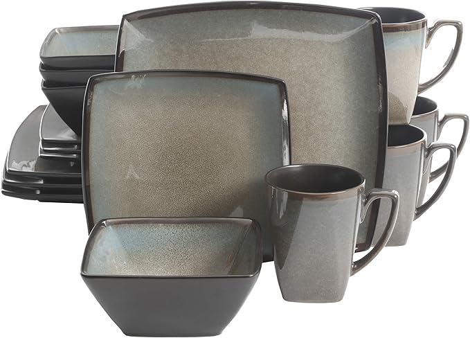Gibson Elite Tequesta Square Reactive Glaze Stoneware Plates and Bowls Dishes Dinnerware Set, Service for 4 (16pcs), Taupe