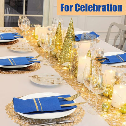 Roshtia 100 Pack Dinner Napkins Disposable Linen Feel Dinner Napkins with Built-in Flatware Pocket Gold Trim Lined Pre Folded Paper for Wedding Party (Royal Blue,Gold)