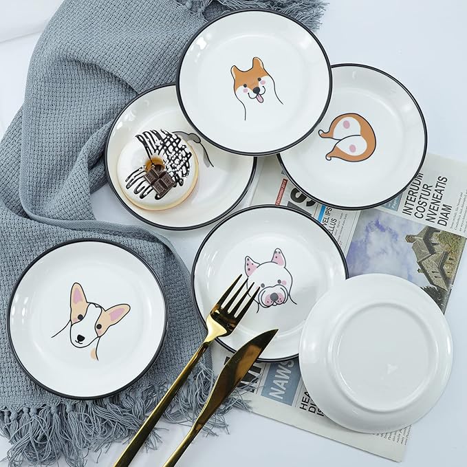 Funny Dogs Head and Butt Pattern Ceramic Sauce Dishes, Seasoning Dishes, Sushi Soy Dipping Bowls, Appetizer Plates, Dessert Plates, Little Cat Bird Feeding Bowls, Set of 6-Dogs-5 Inch