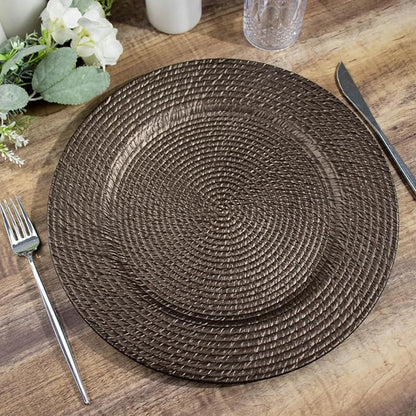 Efavormart 6 Pack | 13" Natural Brown Acrylic Plastic Rattan-Like Charger Plates, Round Disposable Dinner Serving Plates
