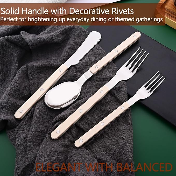 30 PCS Stainless Steel Flatware Set for 6, Silverware Set with Colored Handles, Retro Style Forks Spoons and Knives Set, Vintage Eating Utensils, Beige Acrylic Handle with Rivets Design